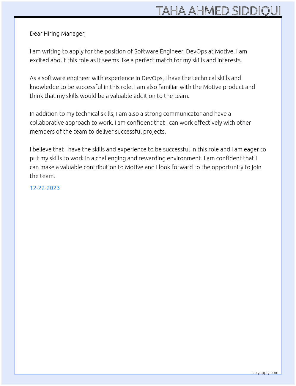 Software Engineer, DevOps At Motive Cover Letter