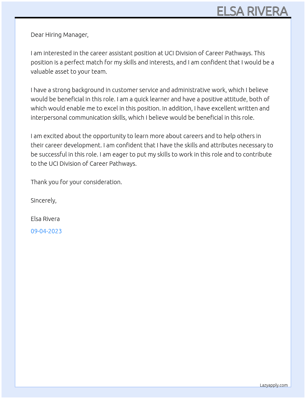 Career assistant At UCI Division of Career Pathways Cover Letter