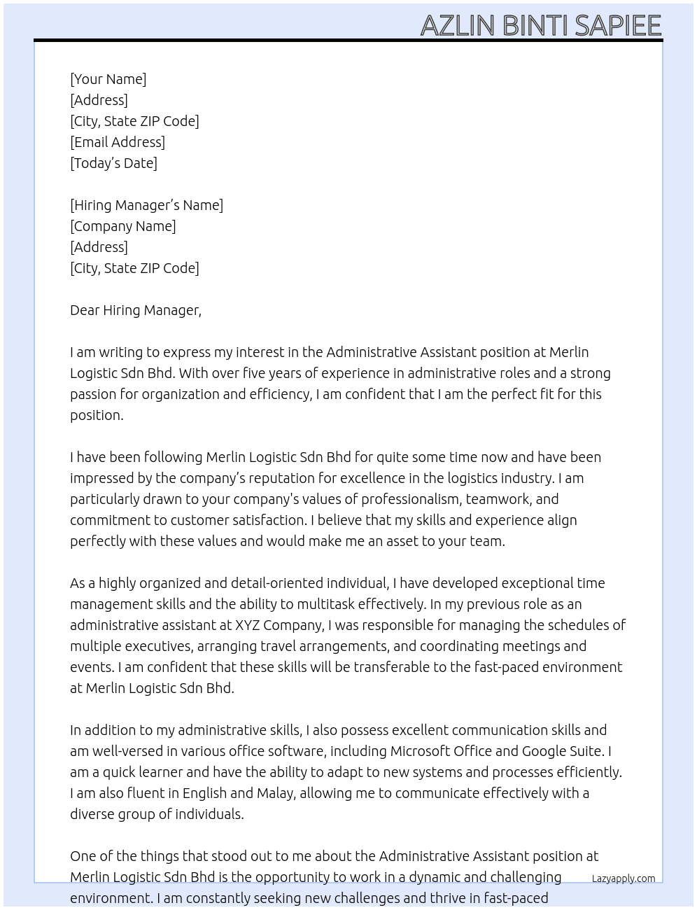 Administrative Assistant At Merlin Logistic Sdn Bhd Cover Letter