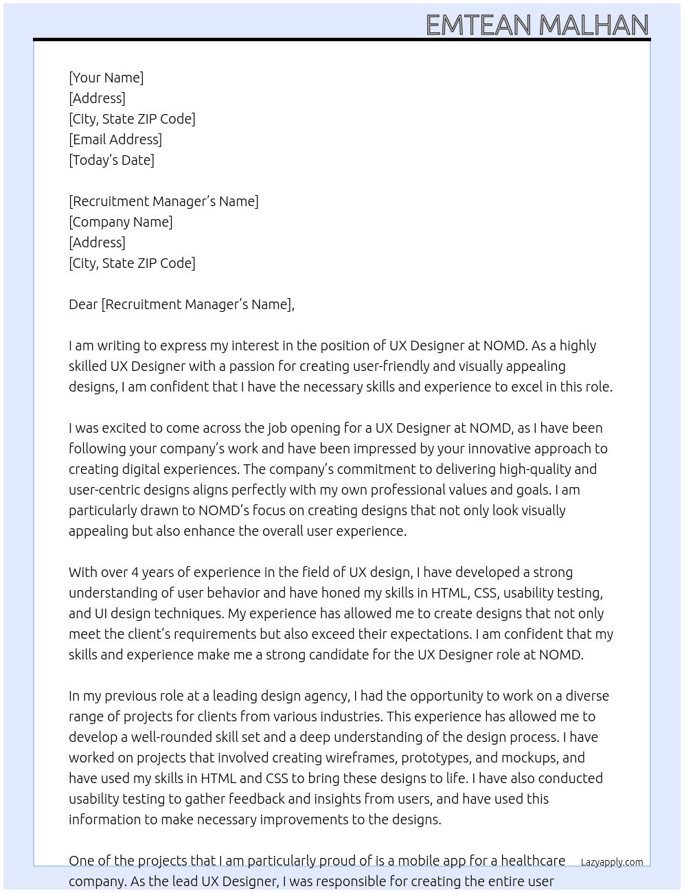 UX designer At NOMD Cover Letter