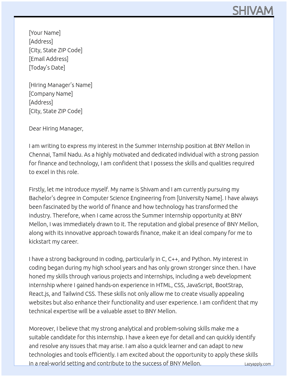Summer Internship At BNY Mellon Cover Letter