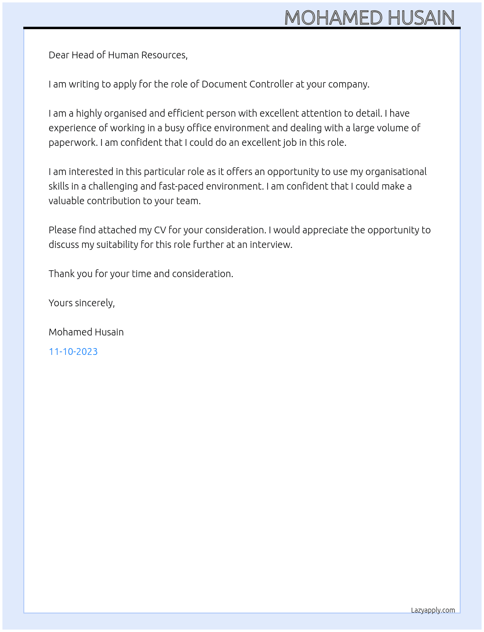 Document Controller  At Head of Human Resources  Cover Letter