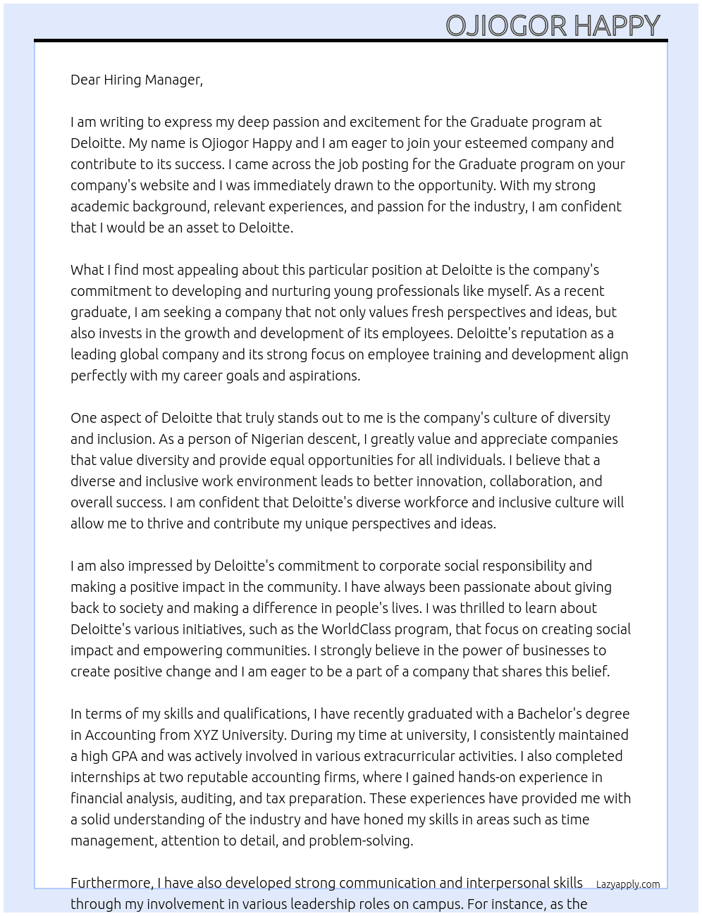 Graduate program At Deloitte Cover Letter