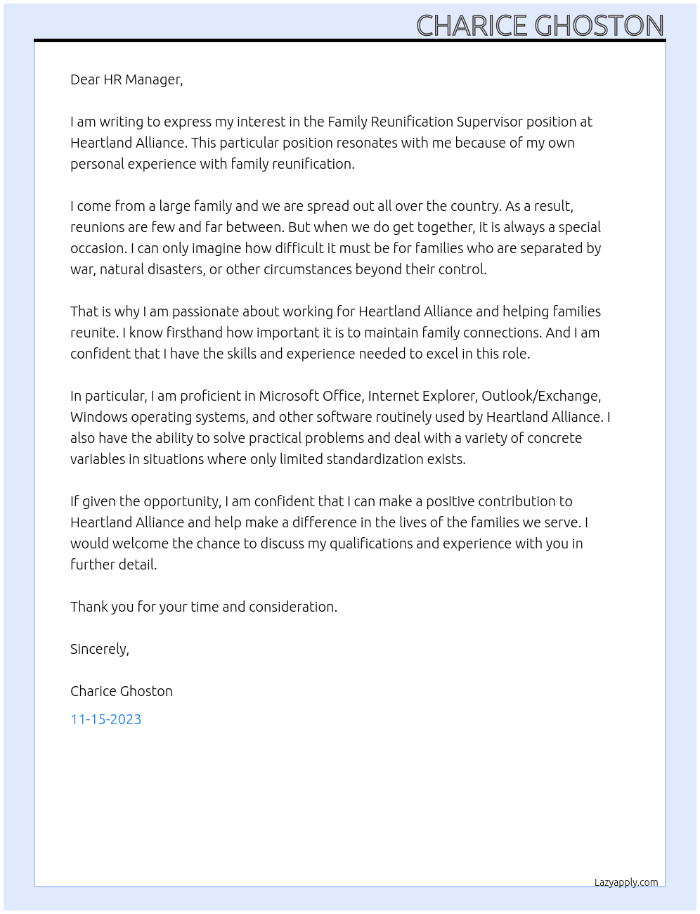 family reunification supervisor At Heartland Alliance Cover Letter
