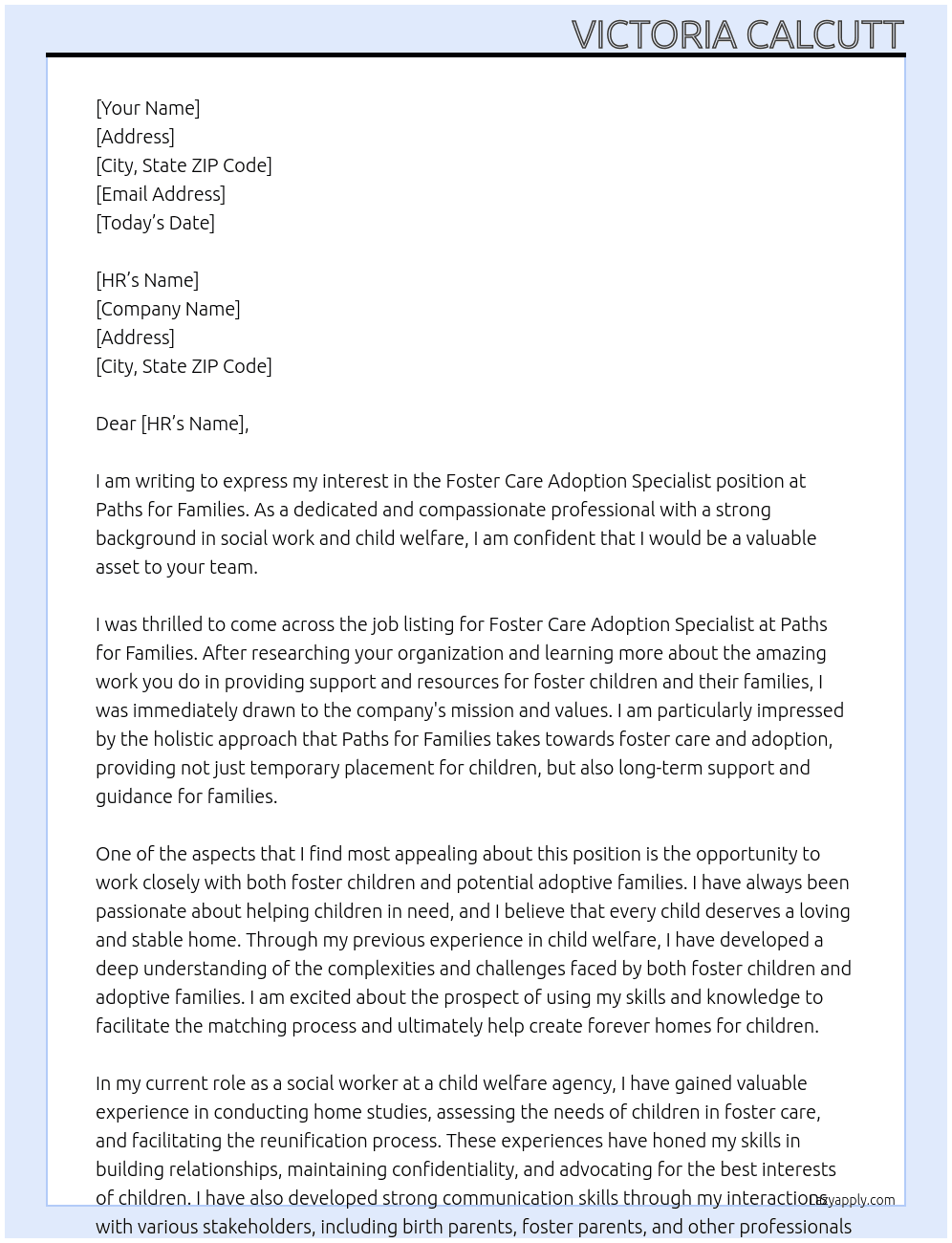 Cover letter for foster care adoption specialist - LazyApply