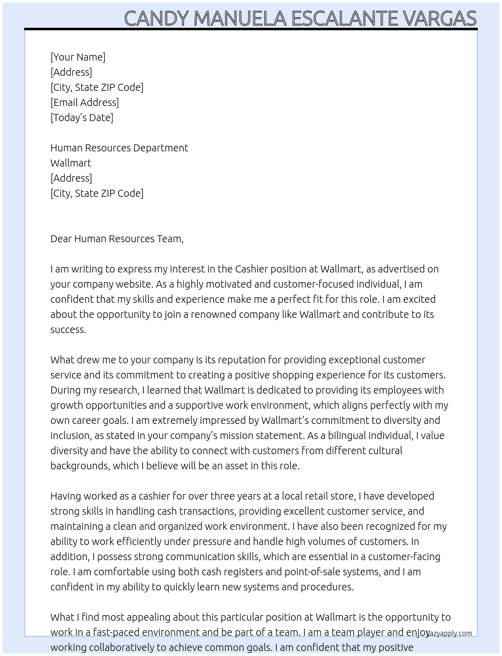 Cashier At Wallmart Cover Letter
