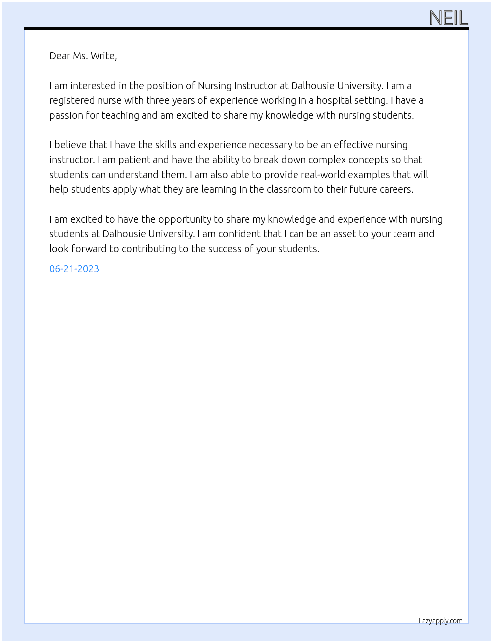 Nursing Instructor At Dalhousie University Cover Letter