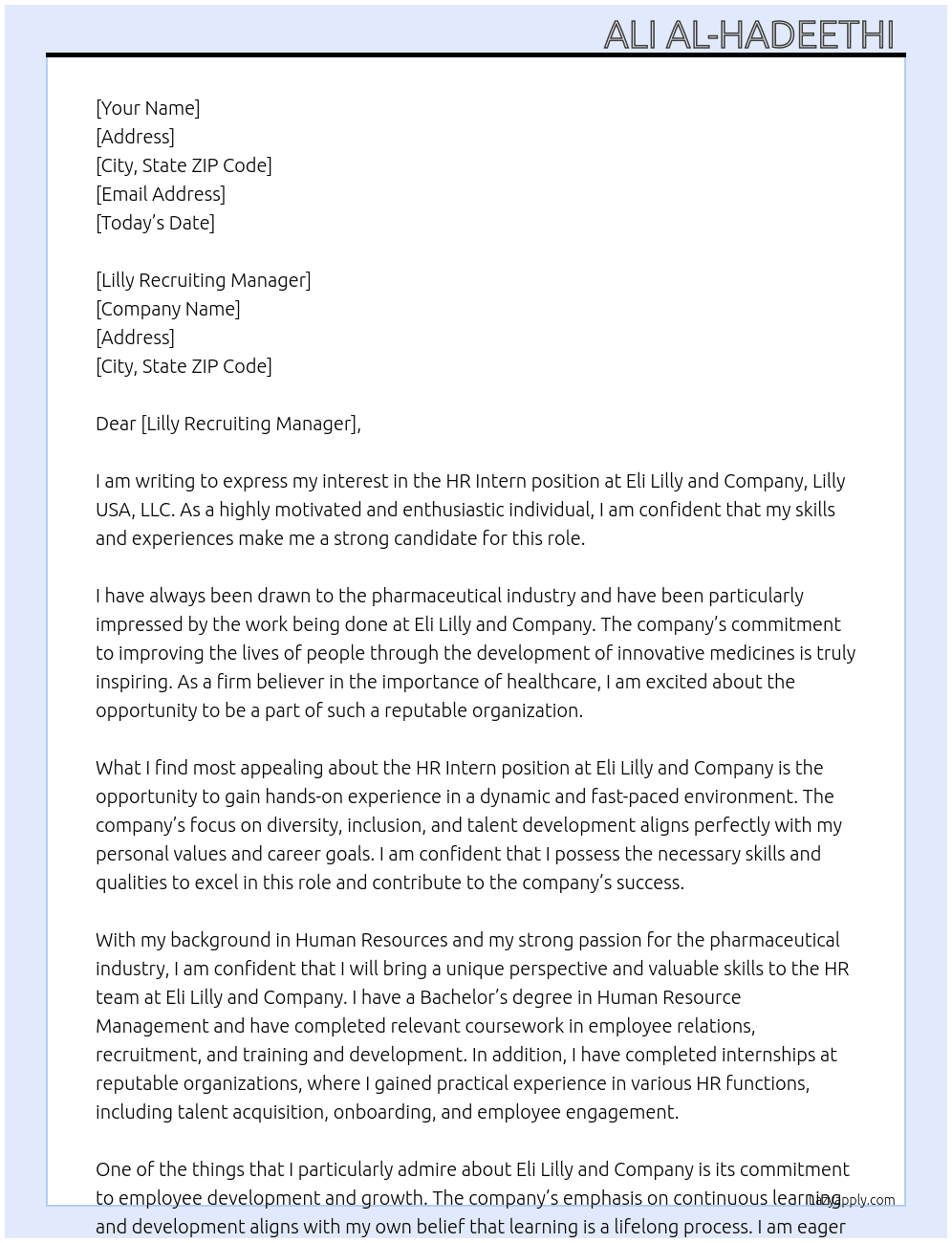 HR Intern At Eli Lilly and Company, Lilly USA, LLC Cover Letter