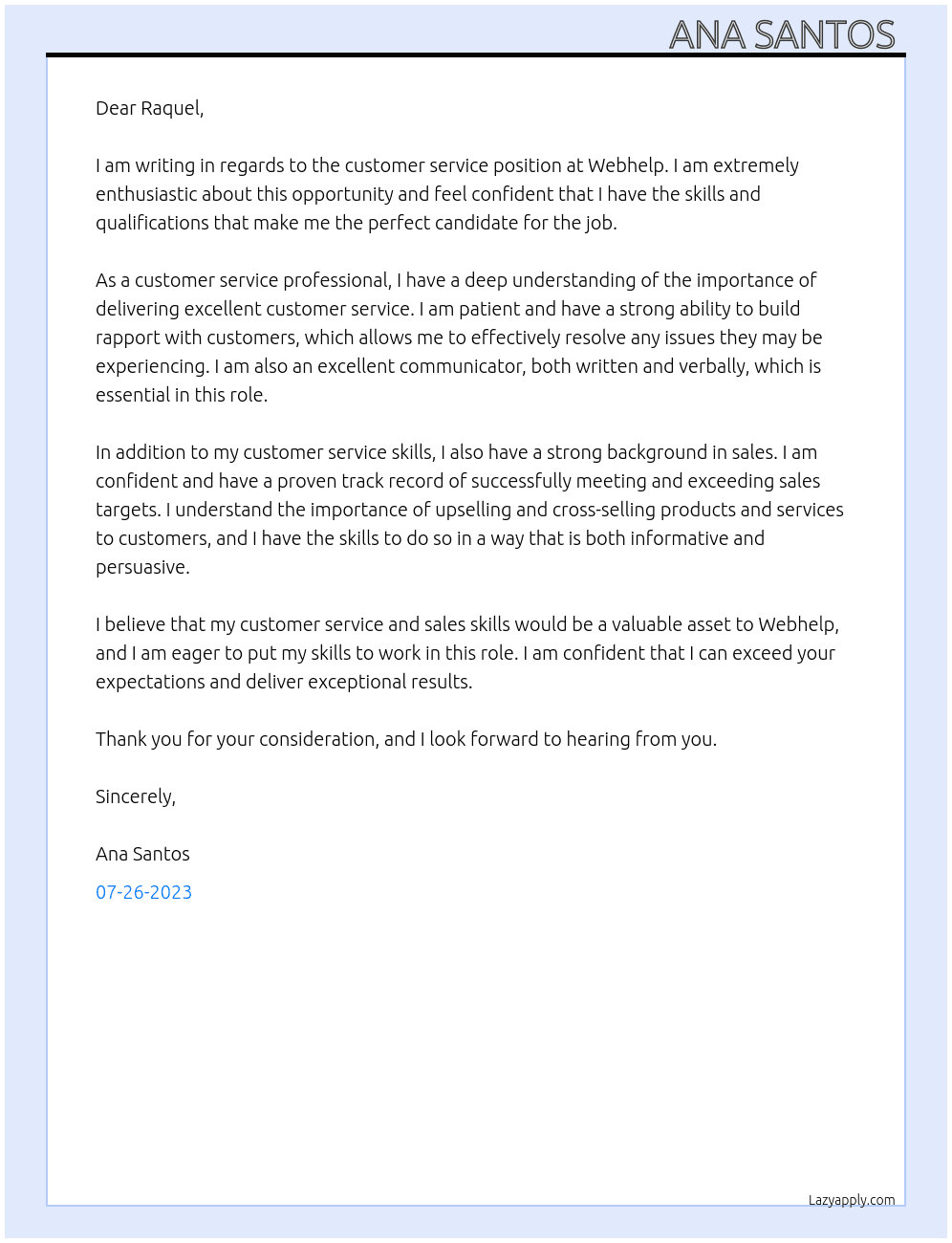 Customer service  At Webhelp Cover Letter