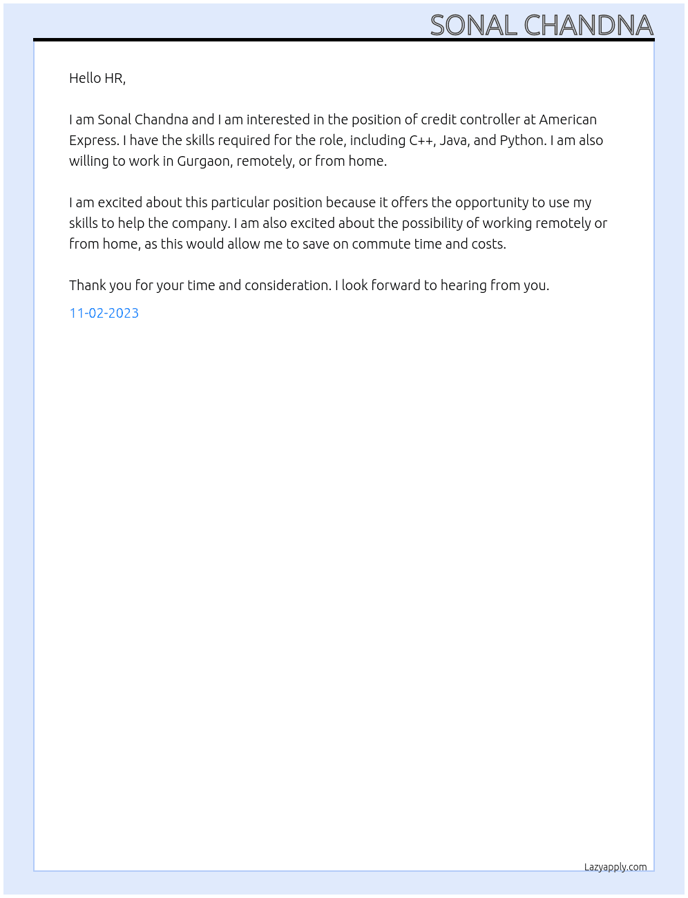 credit controller  At American Express Cover Letter