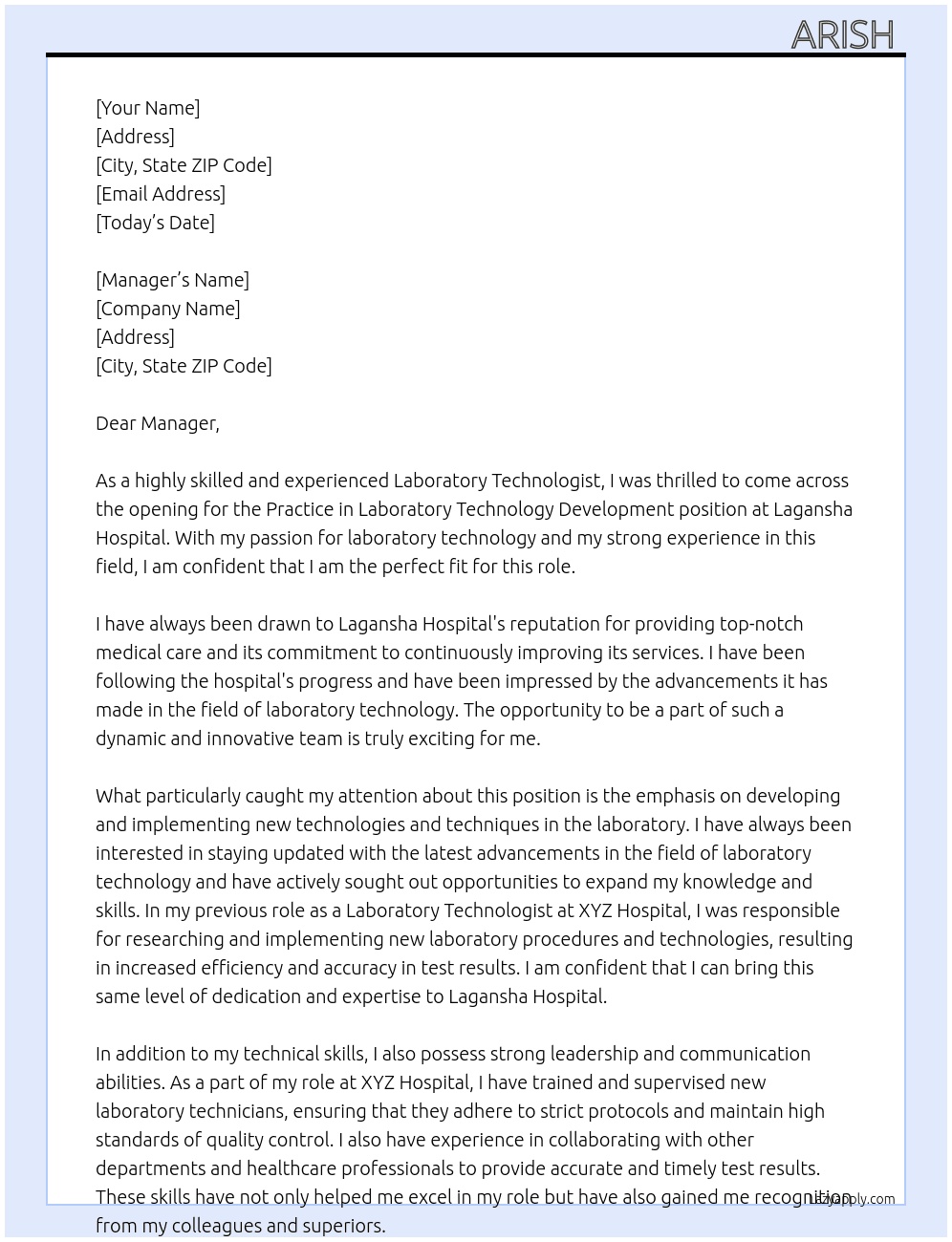 Practice in Laboratory technology development  At Lagansha Hospital  Cover Letter