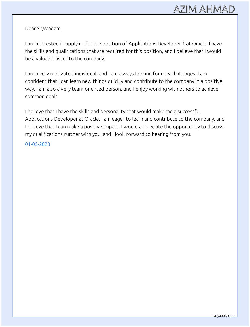 Cover letter for applications developer 1 - LazyApply