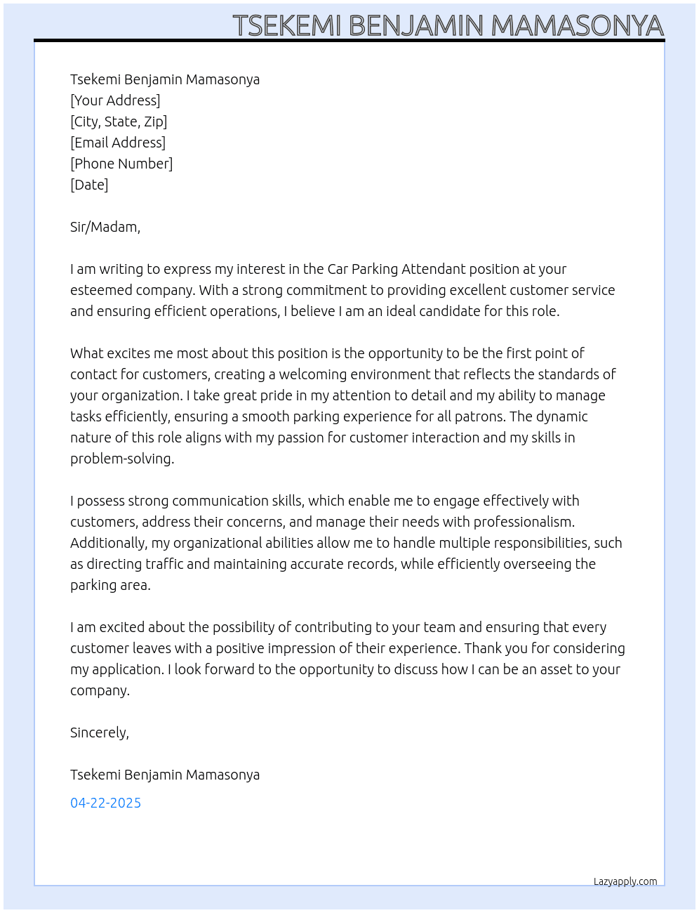 Car Parking Attendant At Car Parking Attendant Cover Letter