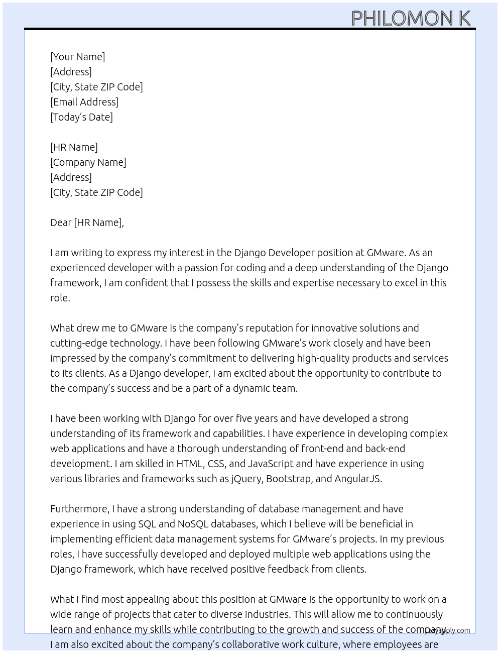 django developer At Gmware  Cover Letter