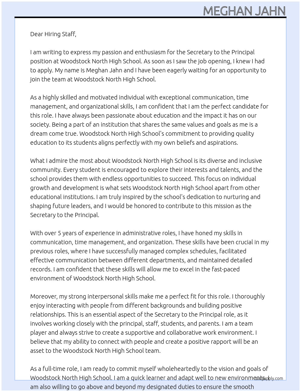 Secretary to the Principle At Woodstock North High School Cover Letter