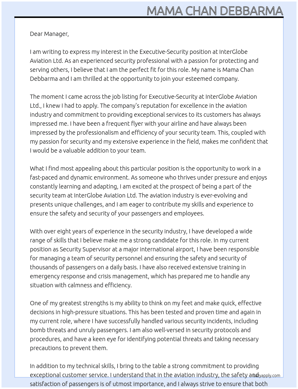 Executive-security At  InterGlobe Aviation Ltd. Cover Letter