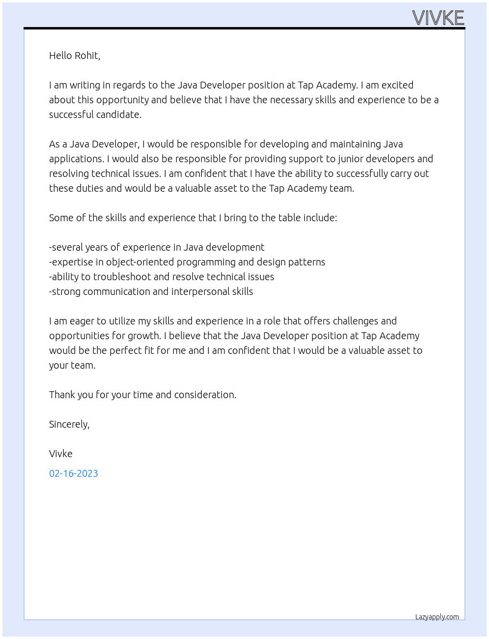 Java Developer At Tap Academy Cover Letter