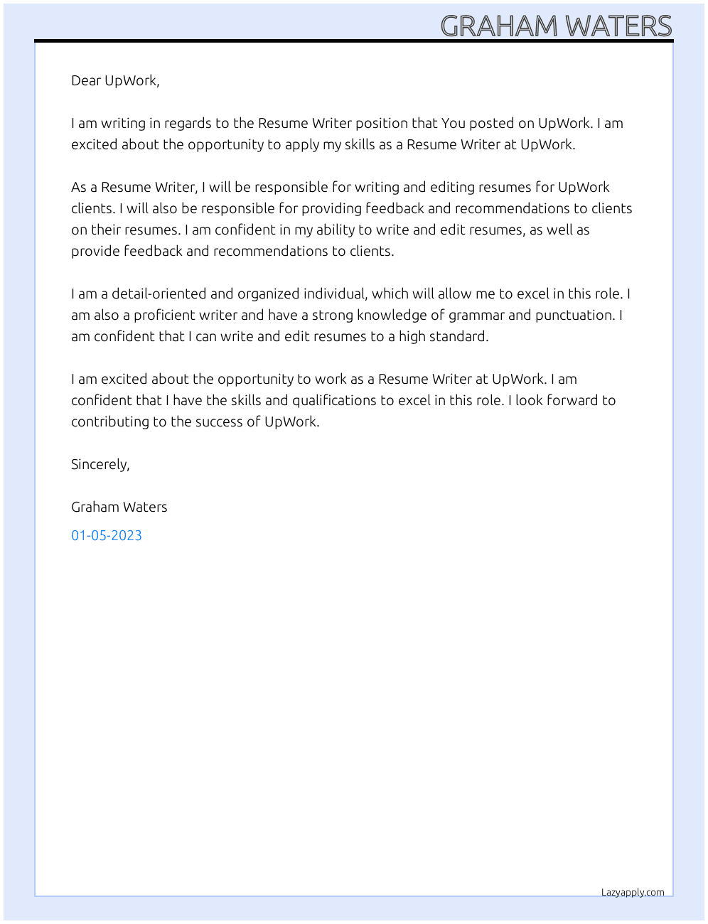 Cover letter for resume writer - LazyApply