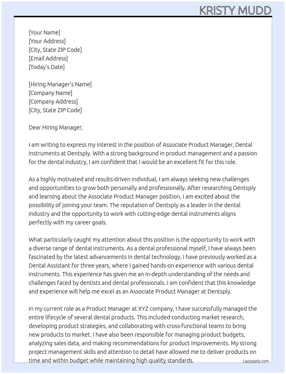 Associate Product Manager, Dental Instruments-  At Dentsply Cover Letter