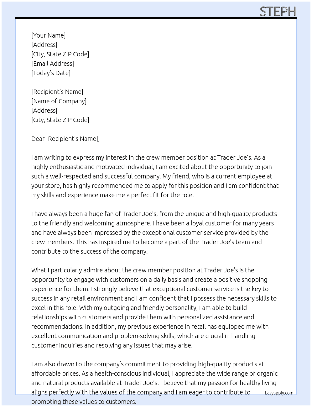 crew member At trader joes Cover Letter