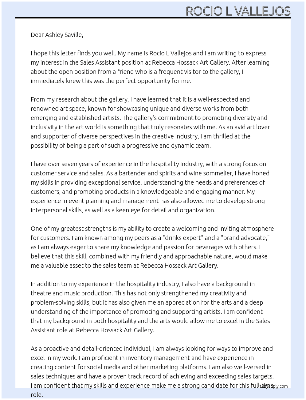 Sales Assistant At Rebecca Hossack Art Gallery Cover Letter