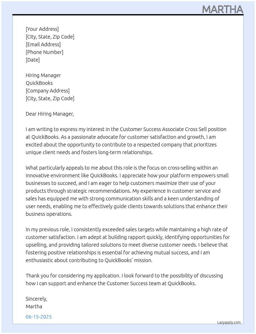 Customer Success Associate Cross Sell At QuickBooks Cover Letter