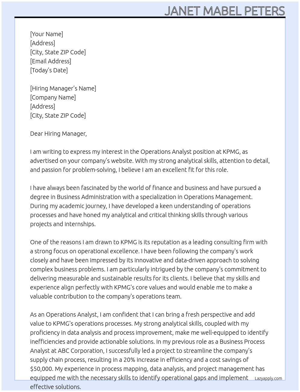 Operations analyst At KPMG Cover Letter
