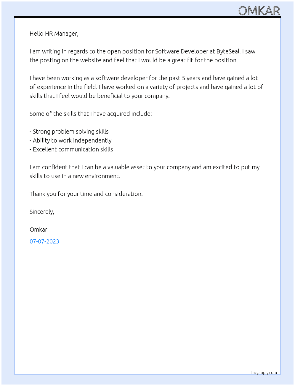 Software Developer At ByteSeal Cover Letter