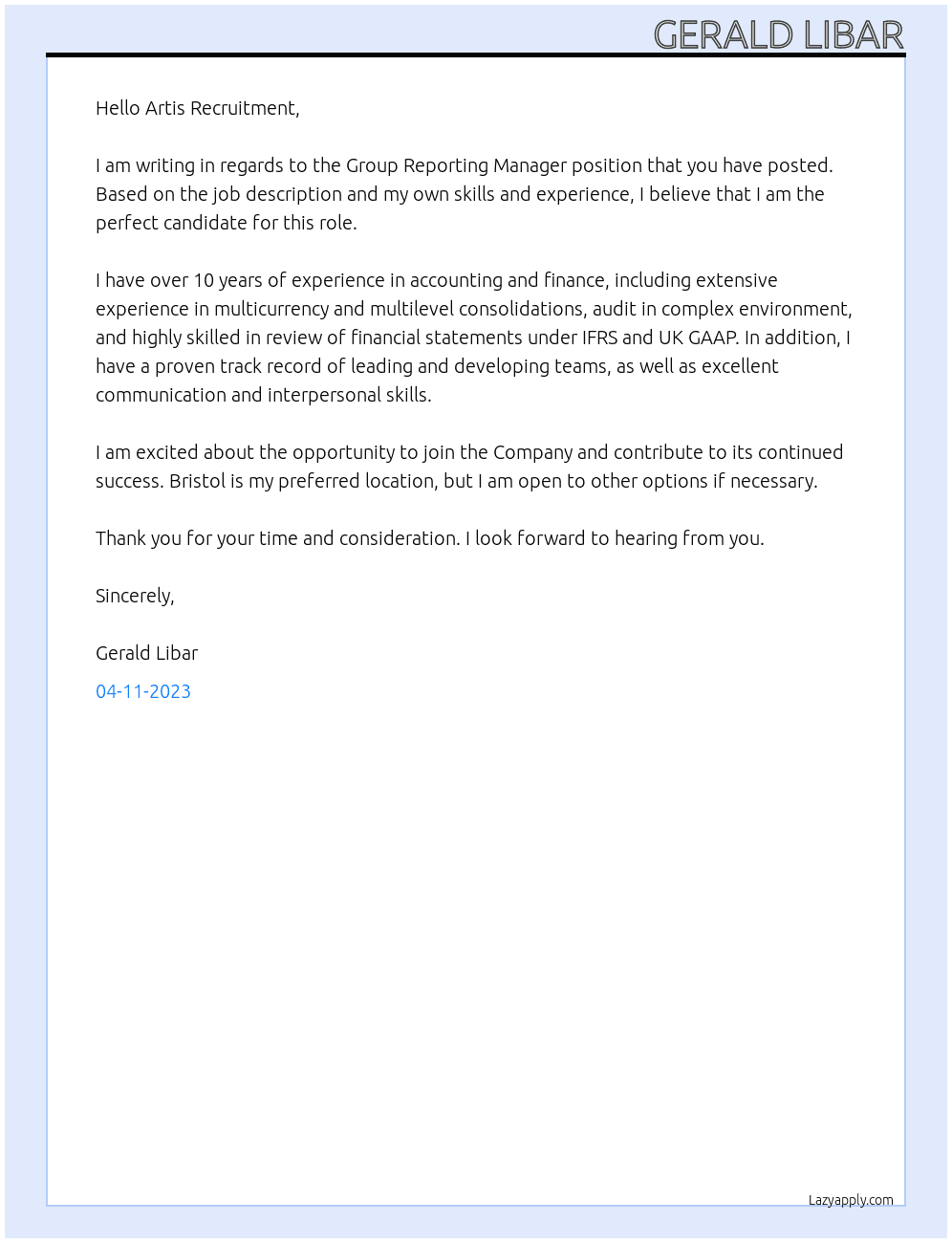 Group Reporting Manager At the Company Cover Letter