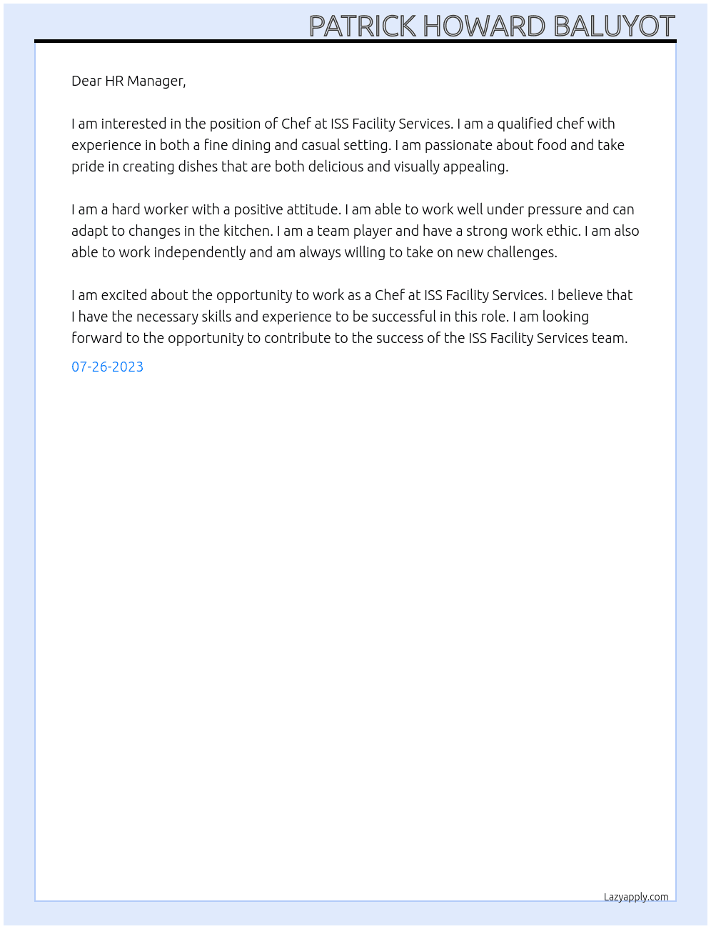Chef At ISS Facility Services Cover Letter