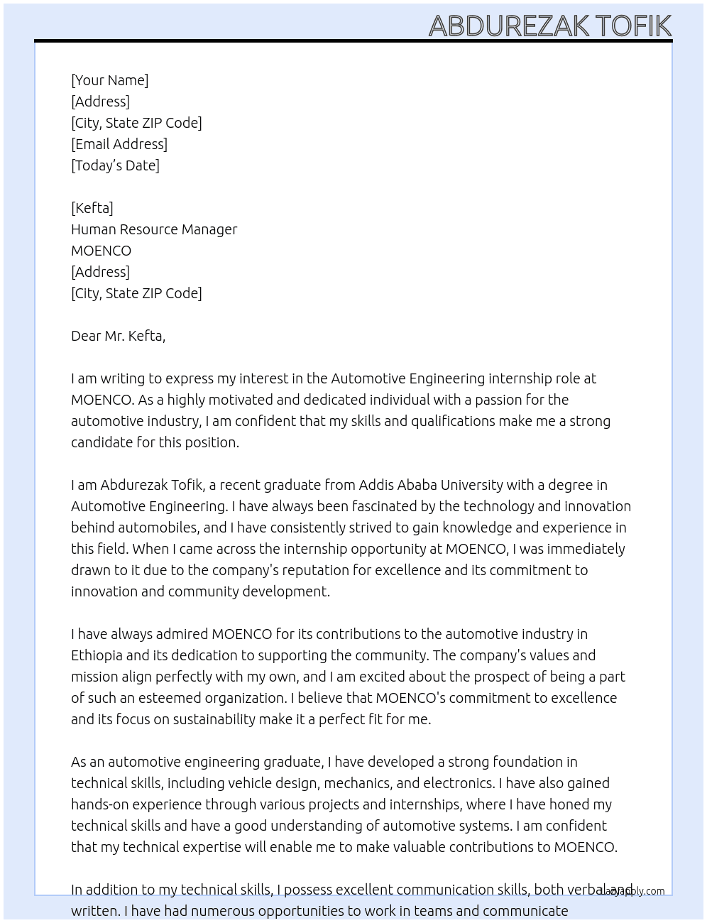 Automtive engineering At MOENCO Cover Letter