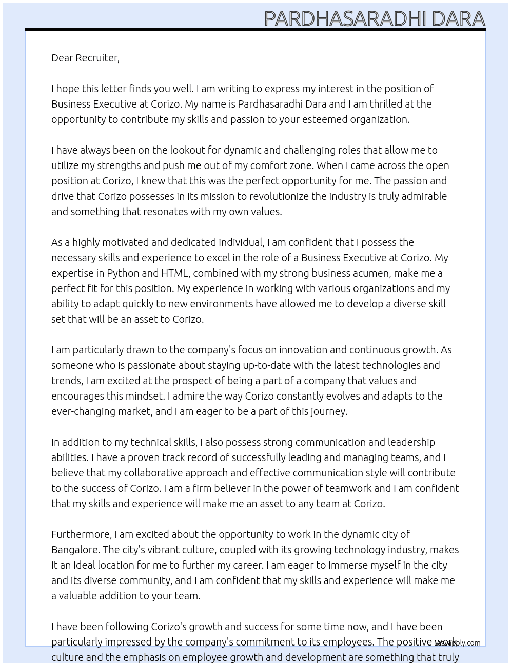 Business Executive At corizo Cover Letter