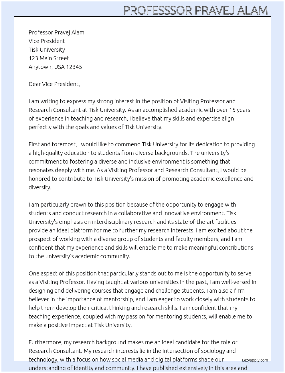 Visiting Professor and Research consultant At Tisk University Cover Letter