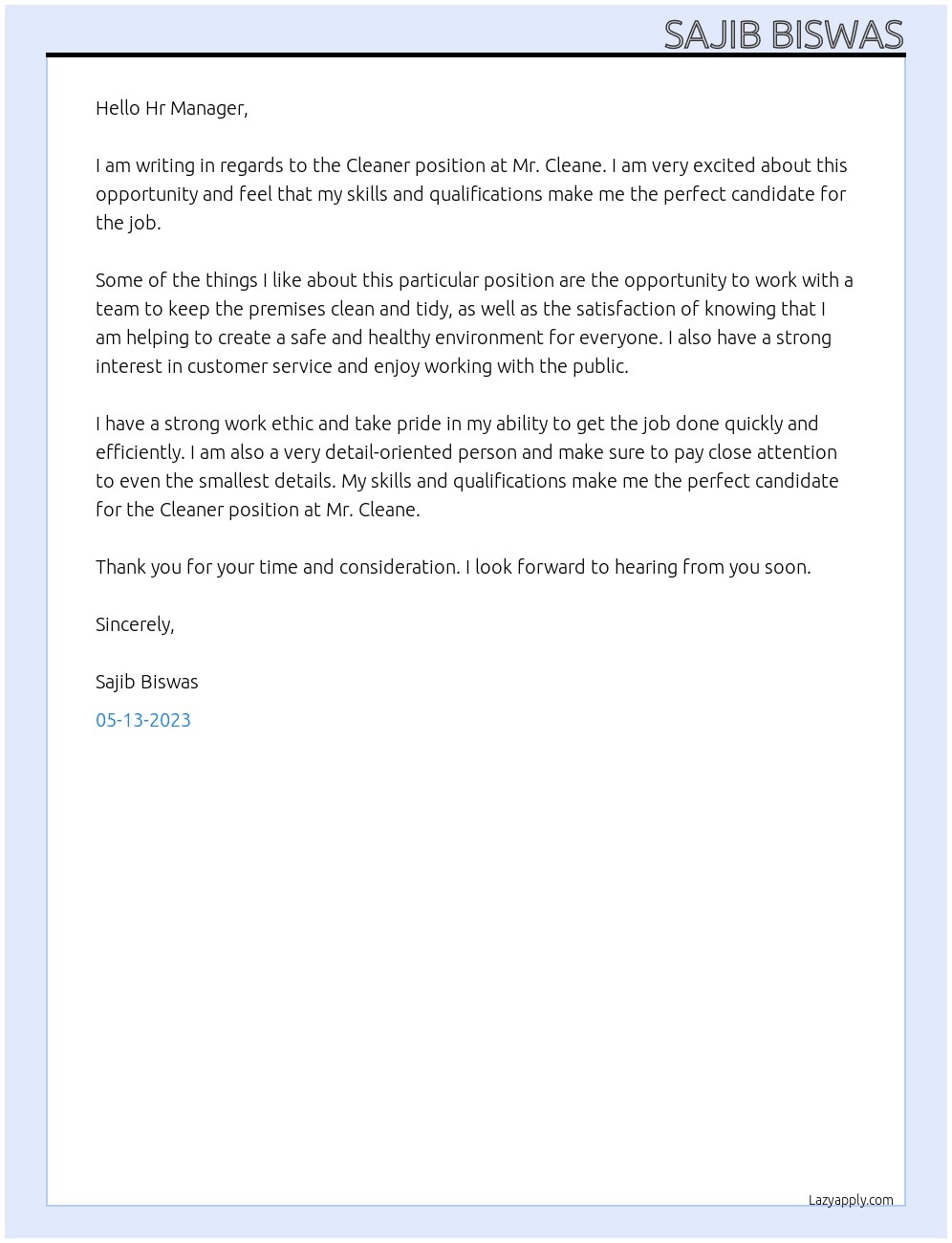 Cleaner At Mr. cleane Cover Letter