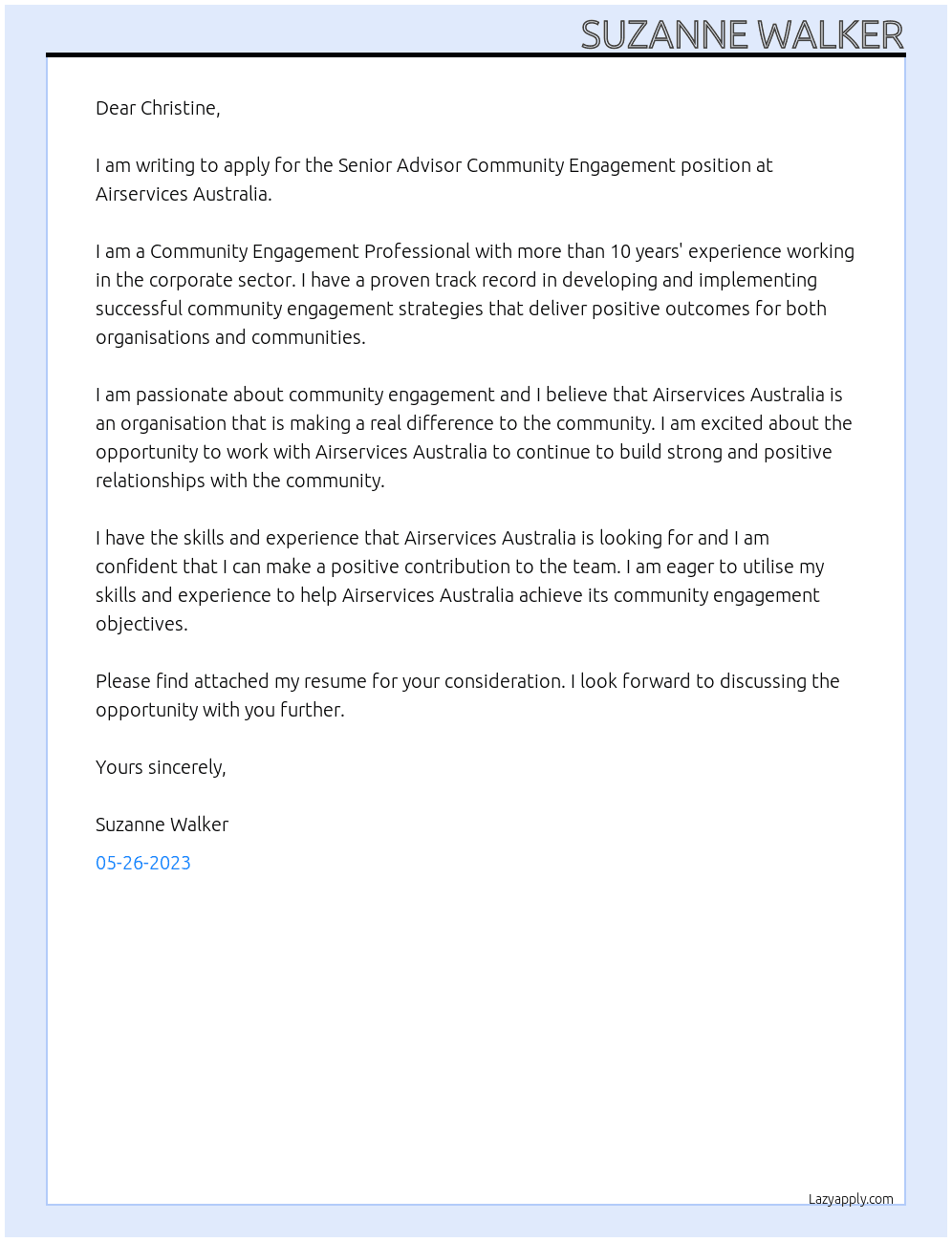 Senior Advisor Community Engagement At Airservices Australia Cover Letter