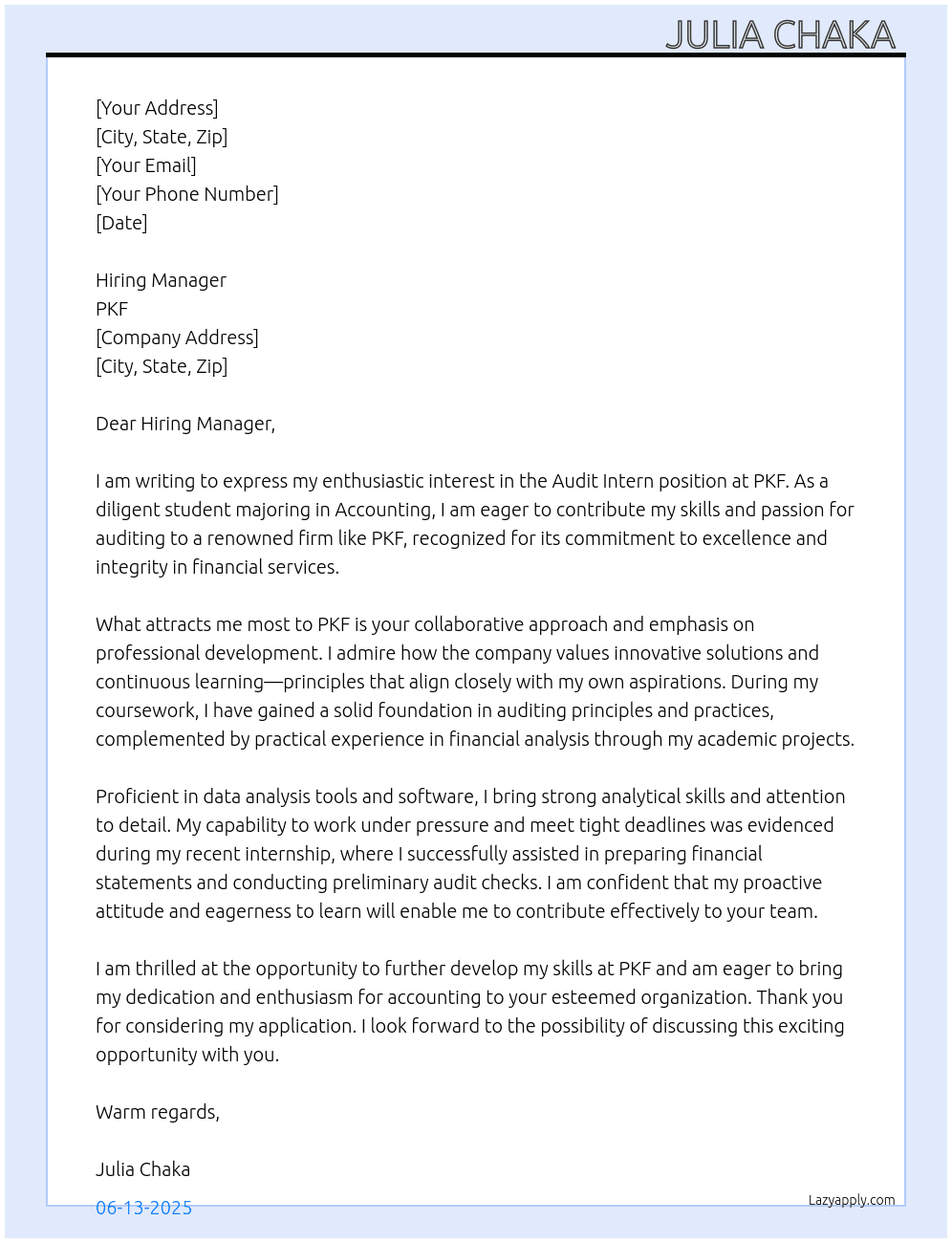 Audit intern At PKF  Cover Letter