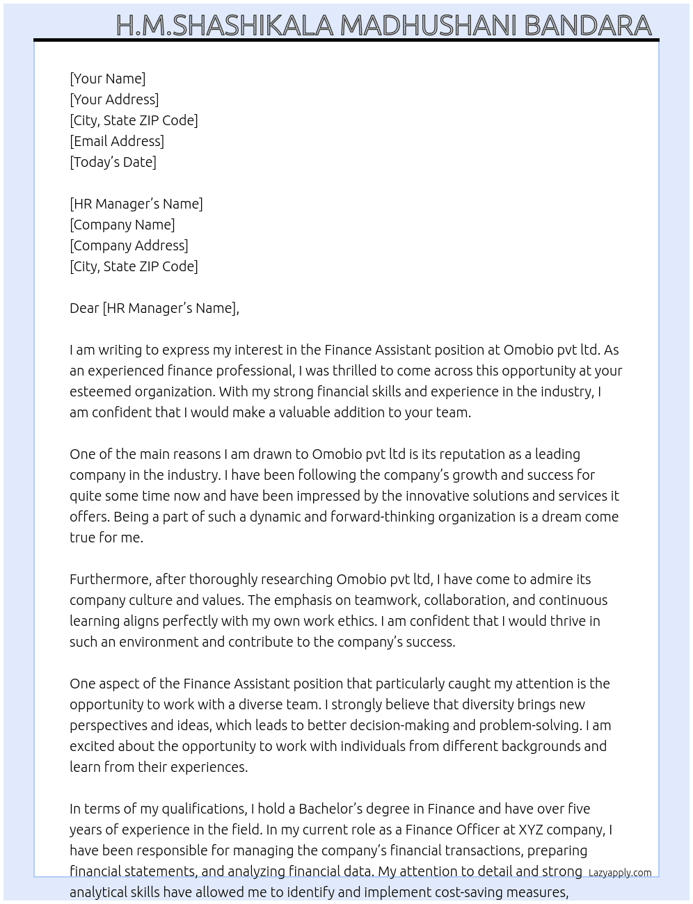 Finance Assistant  At Omobio pvt ltd Cover Letter