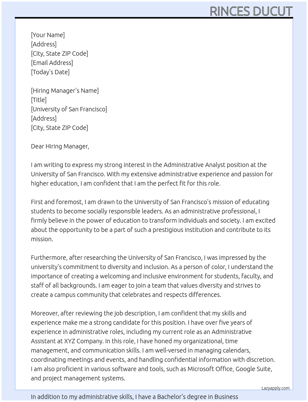 Administrative Analyst At University of San Francisco  Cover Letter