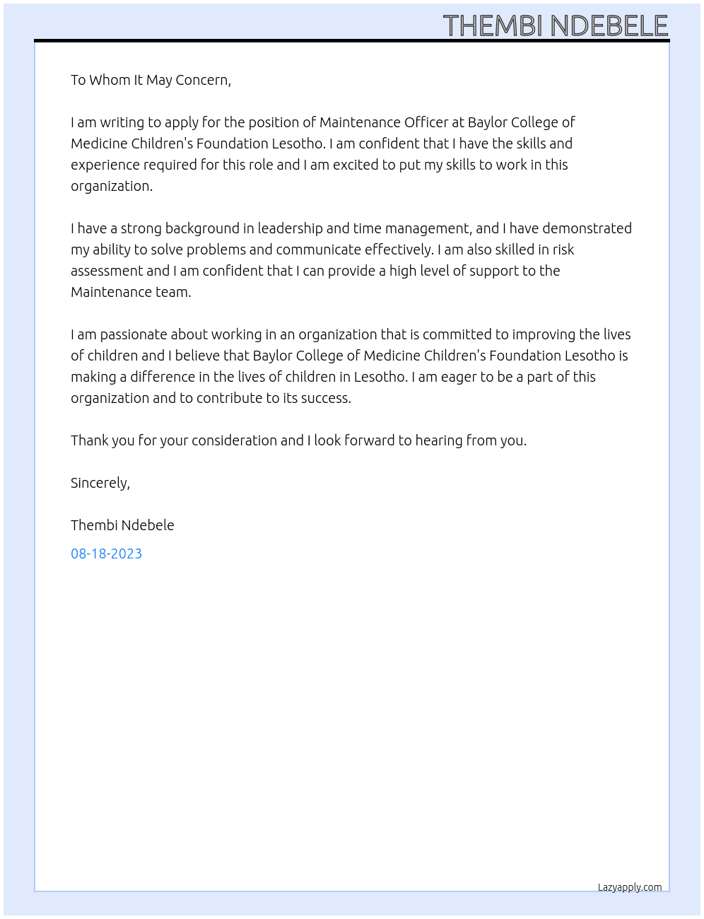 Maintenance Officer At Baylor college of medicine children's foundation lesotho Cover Letter