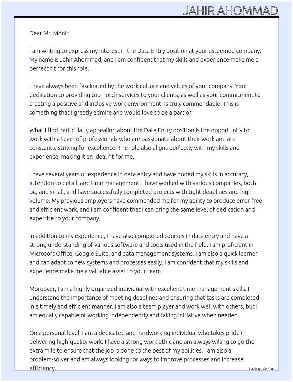 Data entry At Mr Monir Cover Letter