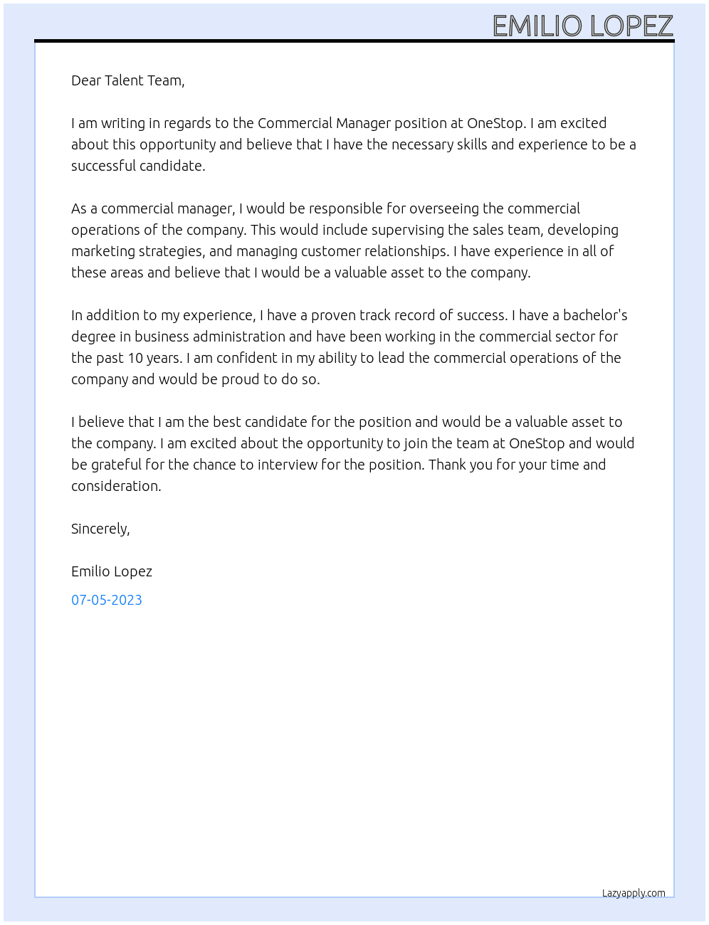 Commercial Manager At OneStop Cover Letter