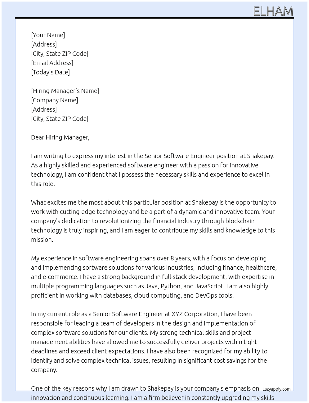Senior Software Engineer At Shakepay Cover Letter