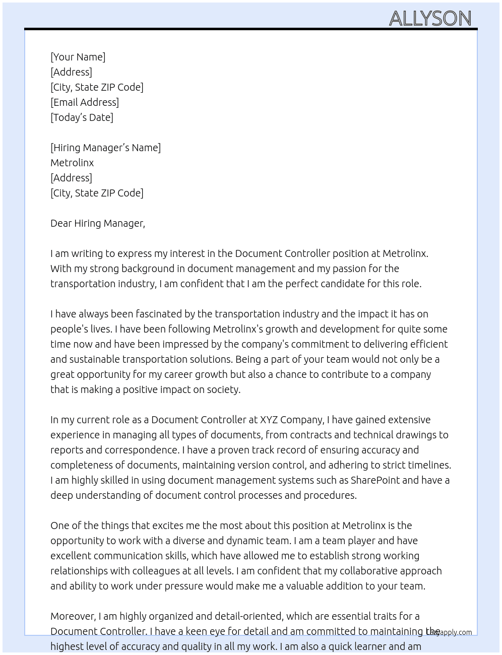 Document Controller At Metrolinx Cover Letter