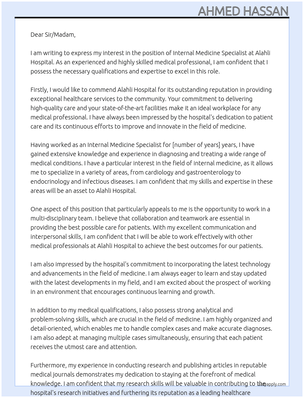 Internal medicine specialist  At Alahli Hospital Cover Letter