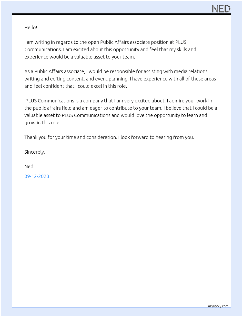 Public Affairs associate  At PLUS Communications Cover Letter