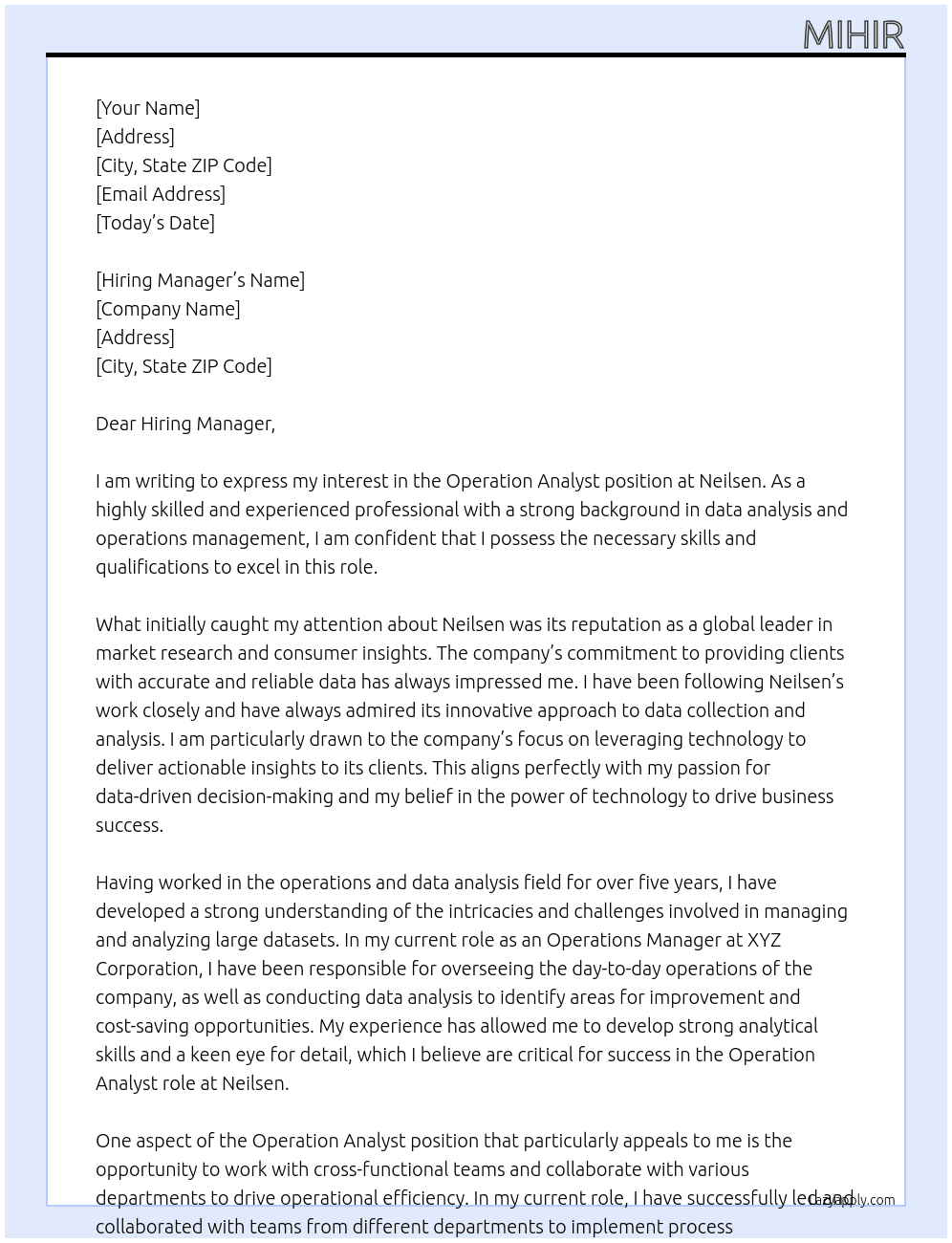 Operation Analyst At Neilsen Cover Letter