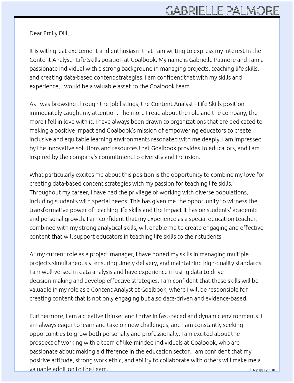 Content Analyst - Life Skills At Goalbook  Cover Letter