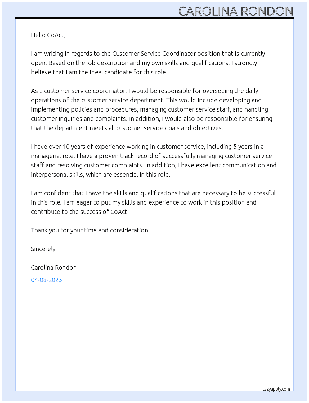 Customer Service Coordinator At CoAct Cover Letter