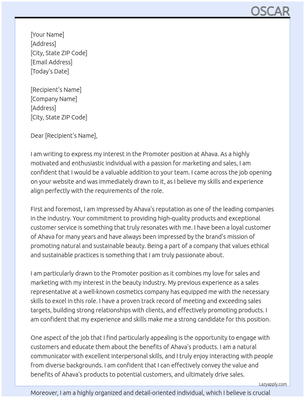 Promoter At Ahava Cover Letter