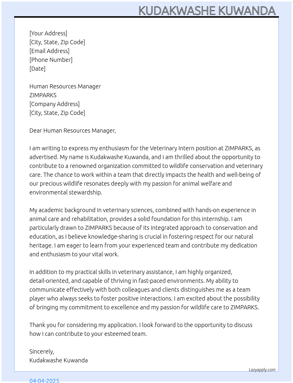 Veterinary intern  At ZIMPARKS  Cover Letter